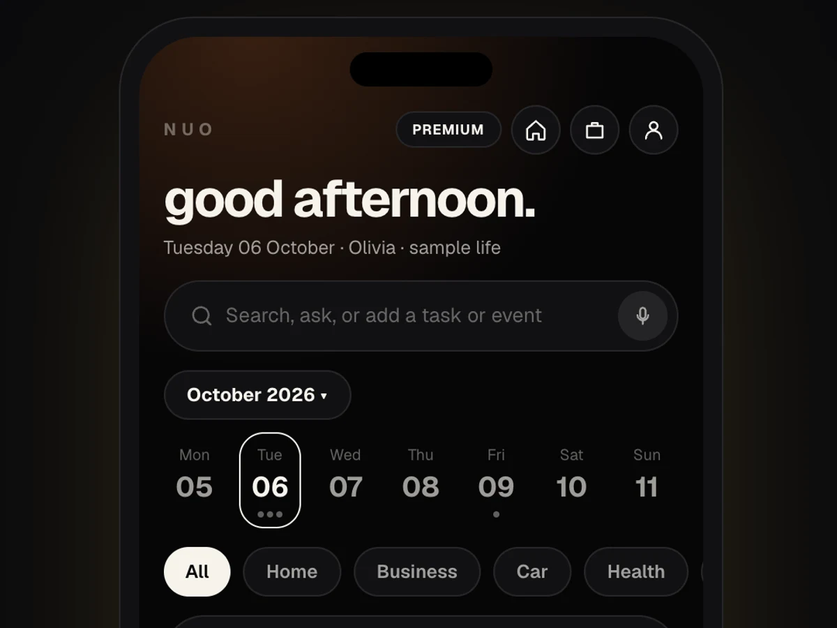 NUO Life calendar and reminders interface